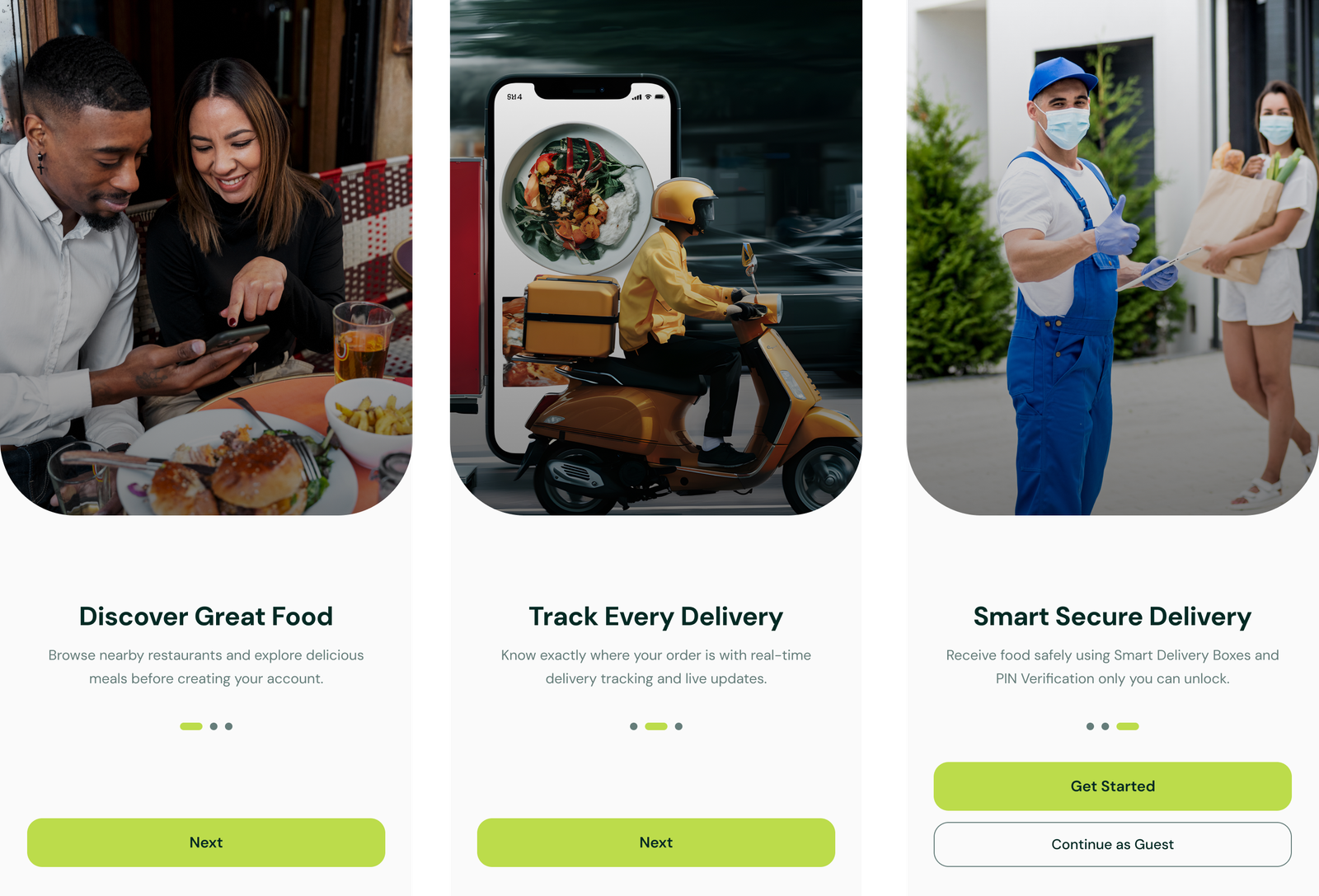 Secure Eats app onboarding screens